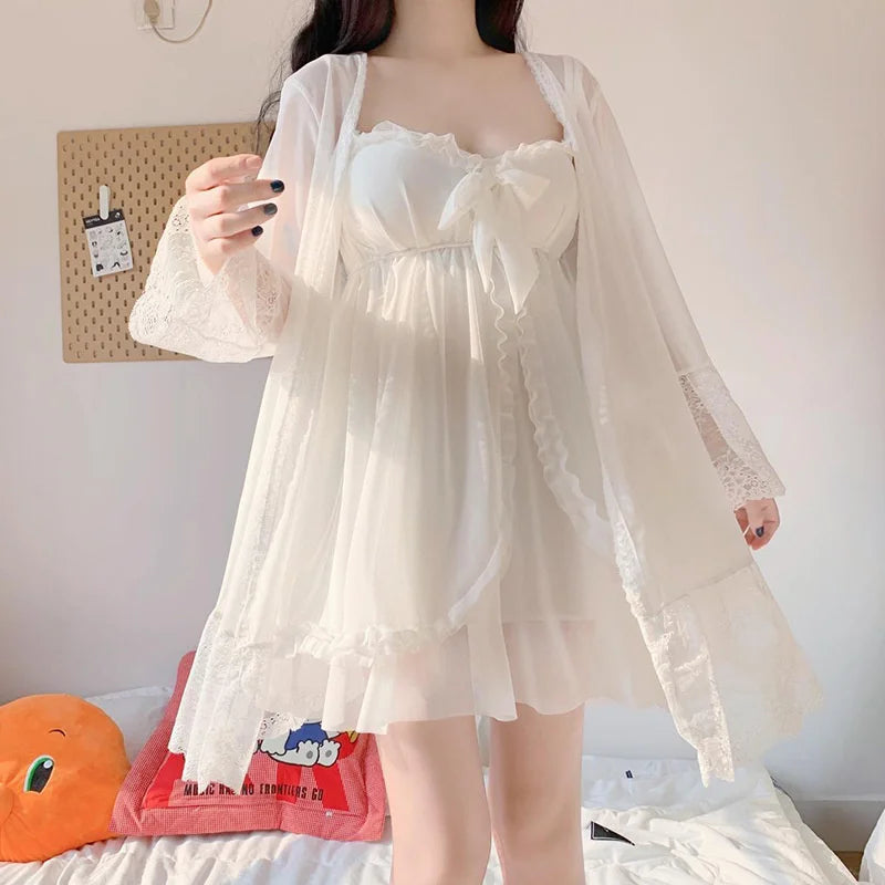 Elegant Sweet Simple Solid White Women Robe Gown Sets Chic Lace Bow Mesh  Sleepwear Breathable Slim Nightdress