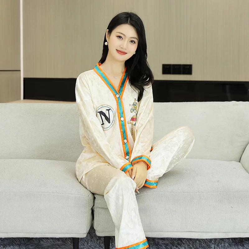 High Quality Velvet Pajamas Fall Long-sleeved Set of Two Pieces of High-grade Light Luxury Cardigan V-neck Large Size Homewear
