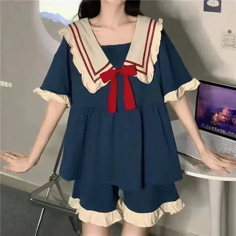 Princess Wind Pajamas Sweet Women Home Wear Suit Doll Collar Girl Sleepwear Kawaii Dress Solid Short Sleeve Shorts 2PCS Set