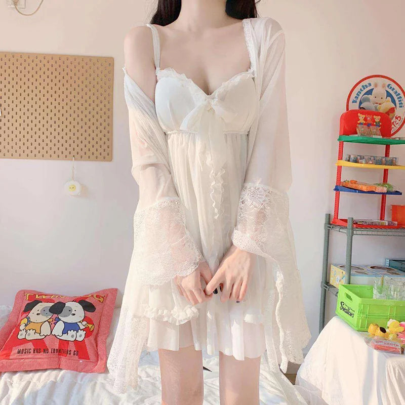 Elegant Sweet Simple Solid White Women Robe Gown Sets Chic Lace Bow Mesh  Sleepwear Breathable Slim Nightdress