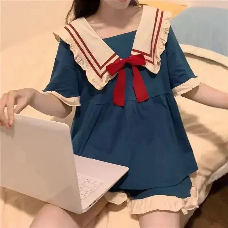 Princess Wind Pajamas Sweet Women Home Wear Suit Doll Collar Girl Sleepwear Kawaii Dress Solid Short Sleeve Shorts 2PCS Set
